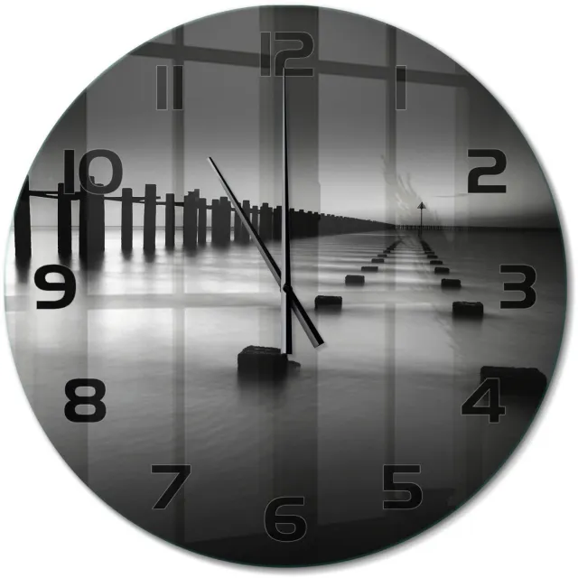 TULUP Wandklok - De golfbreker van de Theems Wandklok Glas Decoratie - fi60 cm - Zwart-wit Gekleurde Glazen Klok - Zwarte handen - Ronde Klok - Klok Glas Met Opdruk - Moderne Wandklok Glas