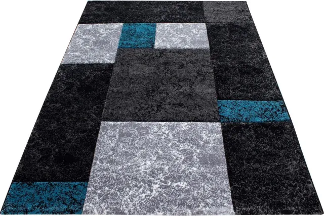 Ayyildiz Laagpolig vloerkleed met ruitpatroon, turquoise kleur, geschikt voor de woonkamer, met een jute achterkant, afmetingen: 120 cm x 170 cm Zwart,Turquoise,Meerkleurig