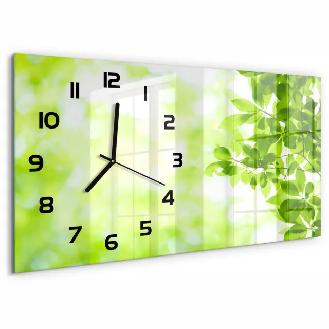 TULUP Wandklok - Bladeren Wandklok Glas Decoratie - 60x30 cm - Groente Gekleurde Glazen Klok - Zwarte handen - Rechthoekige Klok - Klok Glas Met Opdruk - Moderne Wandklok Glas