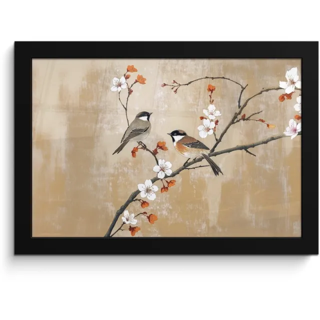 FrameYourWall Poster in lijst - Fotolijst 30x20 cm - Posters - Vogels - Bloesemtak - Bloemen - Oranje - Posterlijst zwart - Decoratie - Wanddecoratie woonkamer - Muurdecoratie slaapkamer
