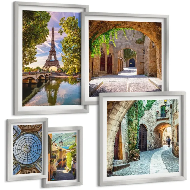 TULUP 4-Delige Schilderij Set - Betoverende uitzichten op Europese steden en architectuur - 50 x 50 cm, 20 x 30 cm en 40 x 60 cm - Stijlvolle Muurdecoratie - Kantoor - Wanddecoratie Zilveren lijst
