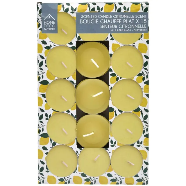 HOME DECO FACTORY theelichtjes - 15x - citrus/citronella geur - geel - waxinelichtjes