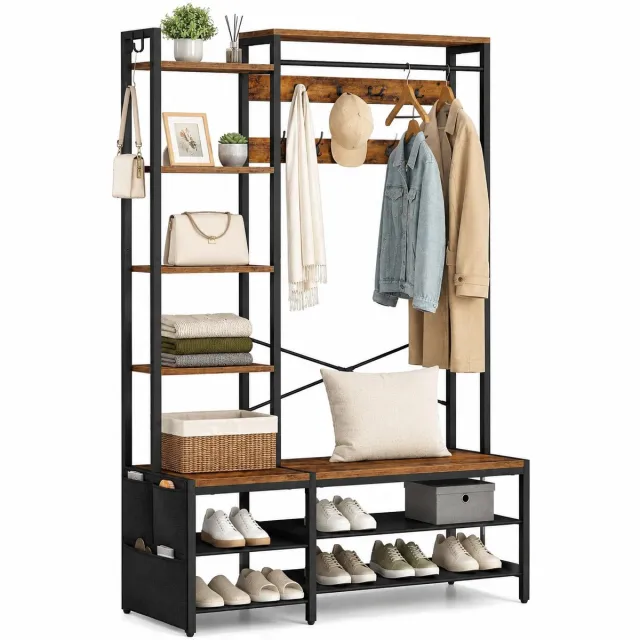 Signature Home Kapstok met Schoenenrek en Bankje - Garderoberek met 20 Haken - 6 Schoenenplanken - Zijvak - Industrieel Halmeubel - Zwart/Vintage Bruin - 120 x 39,5 x 182.5 cm Bruin - Zwart