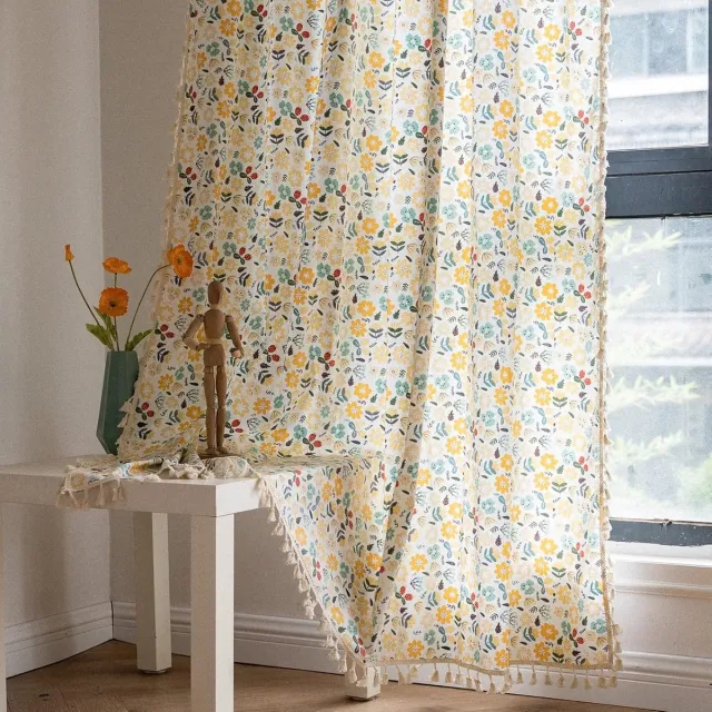 OUTARO Home Boho Gordijn 1 Paneel 150×200cm – Kleurrijk Bloemenprint – Katoenen Linnen – Handgemaakte Kwasten – Stangzak – Woonkamer Slaapkamer-Belle's product Afbeeldingskleur
