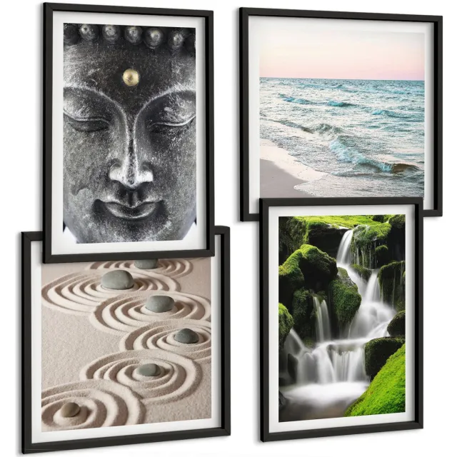 Coloray 4-Delige Schilderij Set - Rust Van De Natuur Met Stenen, Een Waterval En Een Boeddha. - 40 x 40 cm En 40 x 60 cm - Muurdecoratie - Interieur Decoratie - Wanddecoratie Zwarte lijst