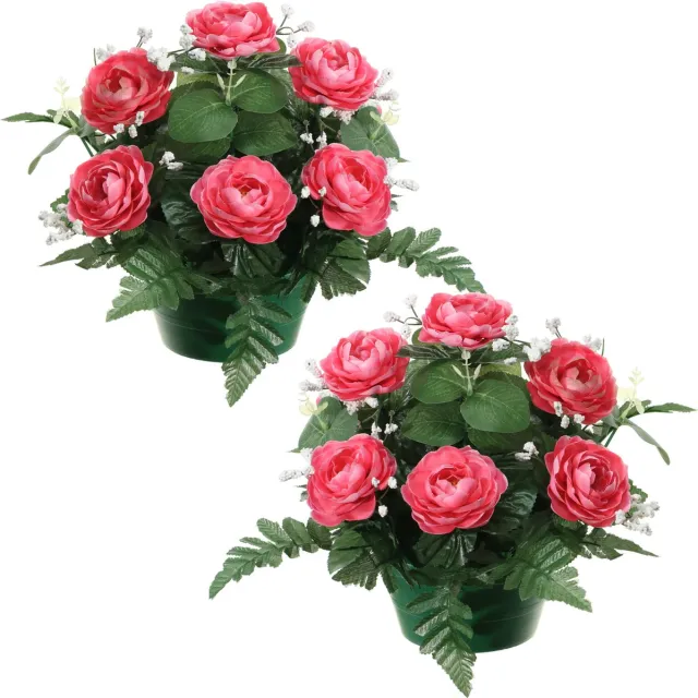 Louis Maes Kunstbloemen plantje in pot - 2x - roze - 25 cm - Bloemstuk ornament - rozen met bladgroen