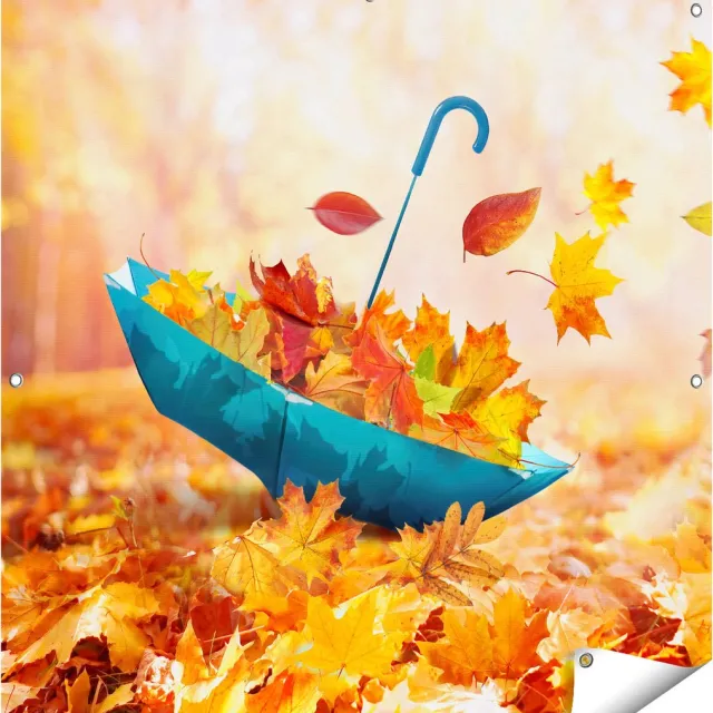 Gards Tuinposter Blauwe Paraplu in de Herfstbos met Bladeren - 100x100 cm - Tuindoek - Tuindecoratie - Wanddecoratie buiten - Tuinschilderij Multikleur