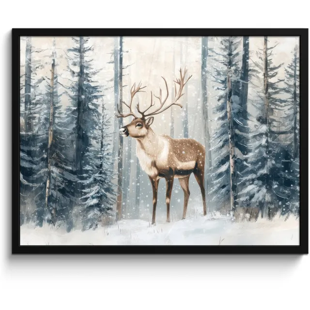 FrameYourWall Poster in lijst - Fotolijst 80x60 cm - Posters - Rendier - Sneeuw - Woud - Wit - Posterlijst zwart - Decoratie - Wanddecoratie woonkamer - Muurdecoratie slaapkamer