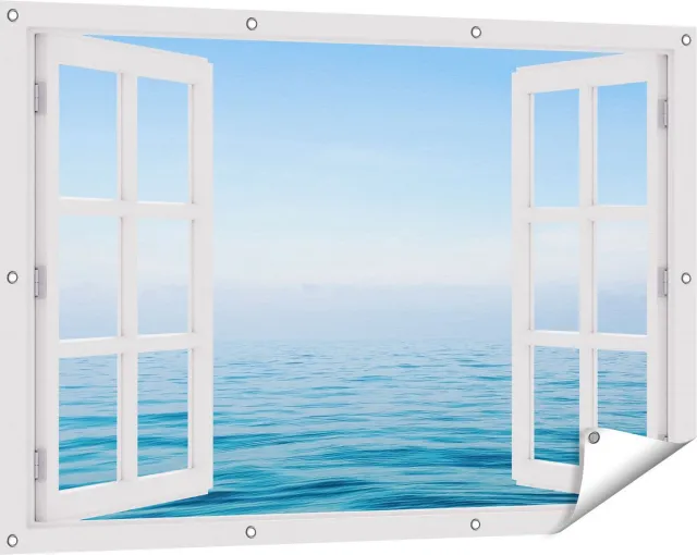 Gards Tuinposter Doorkijk Zee met een Blauw Hemel Achtergrond - 120x80 cm - Tuindoek - Tuindecoratie - Wanddecoratie buiten - Tuinschilderij Wit