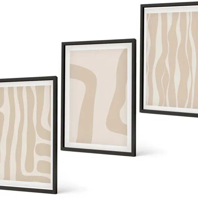 Coloray 3-Delige Schilderij Set - Abstracte Patronen, Minimalistische Vormen, Boho-Stijl - 40 x 60 cm - Muurdecoratie - Wanddecoratie - Slaapkamer - Woonkamer Decoratie Zwarte lijst
