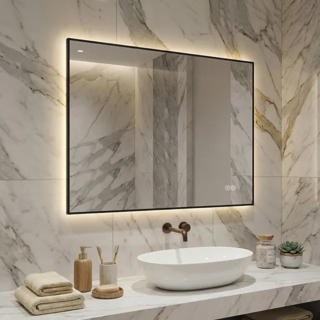 REDOM Badkamerspiegel LED - Aluminium frame met achterverlichting - Anti-condens, traploos dimbaar en memoryfunctie - Modern - Badkamer - Aluminium en glas - Zilver - 80 x 60 cm