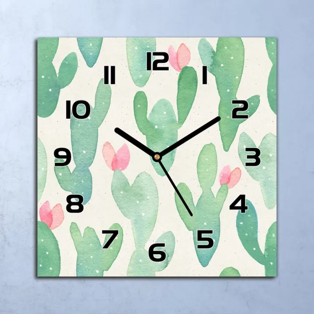 Coloray Wandklok - Cactussen Glazen Wandklok - 30x30 cm - Groente Wandklok - Wandklok Vierkant - Wandklok Industrieel - Wandklok Keuken - Stille Wandklok Groente - Cactussen - Zwarte Handen