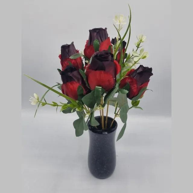 Bomm Boeket - Roos - U958-m3 - 34cm - Donker Rood - 7 bloemen - Grafdecoratie - Zijdenbloemen - Kunstbloemen