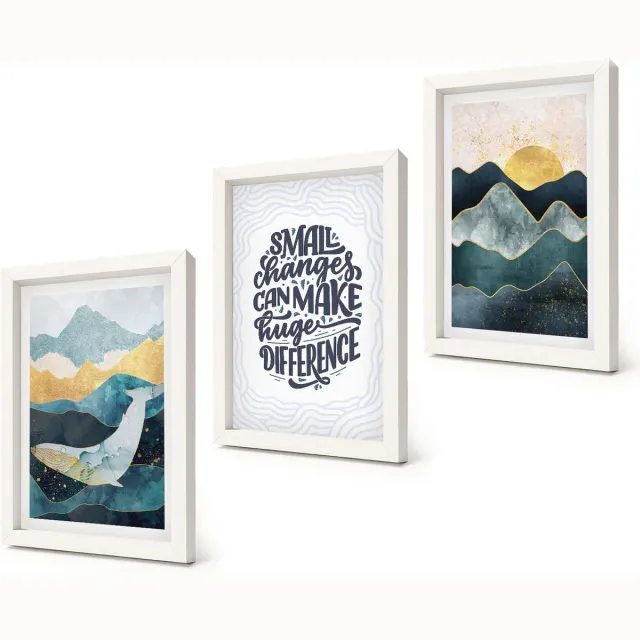 Coloray 3-Delige Schilderij Set - Abstracte berglandschappen met inspirerende belettering - 20x30 - Muurdecoratie - Interieur Decoratie - Stijlvolle Muurdecoratie Witte lijst