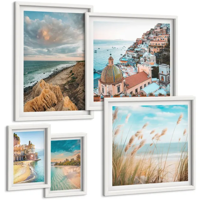 TULUP 4-Delige Schilderij Set - Kustlandschappen en pittoreske stranden van de wereld - 50 x 50 cm, 20 x 30 cm en 40 x 60 cm - Muurdecoratie - Wanddecoratie - Slaapkamer Witte lijst