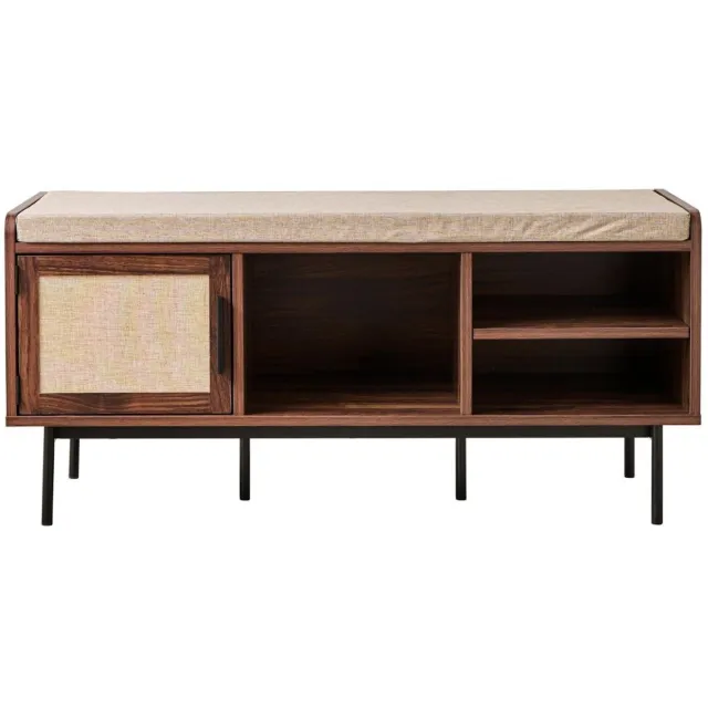 Casame CALICOSY - Schoenenbank notenafwerking 3 vakken 1 deur met stoffen front L100 cm - JETSON Houtlook