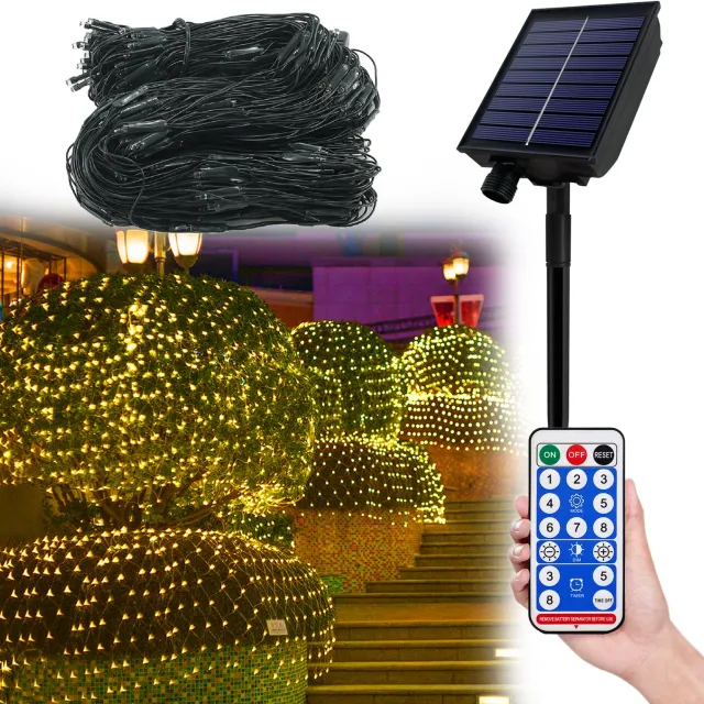 Froadp 3×2M Zonne LED netlichtslang warmwit, 8 lichtstanden met geheugenfunctie en lichtsensor, dubbel opladen via zonne-energie en Type-C USB, tuin en binnen decoratie