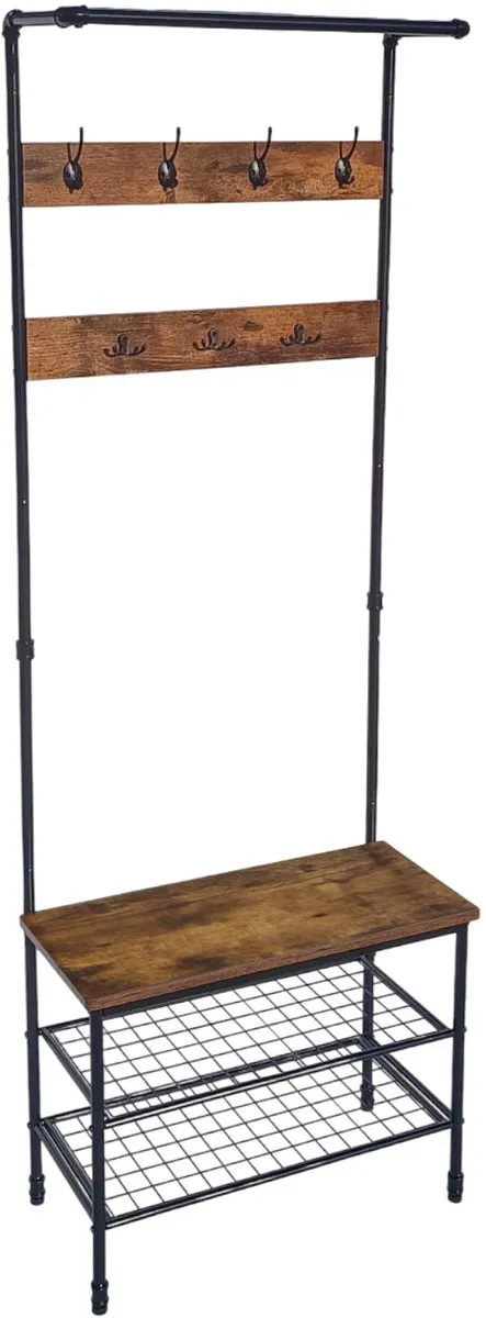 BEGRYF Kapstok met Bankje - Rustiek Bruin - 66x32x186 cm - Met Schoenenrek en Haken - Industrieel Design Rustiek bruin/zwart