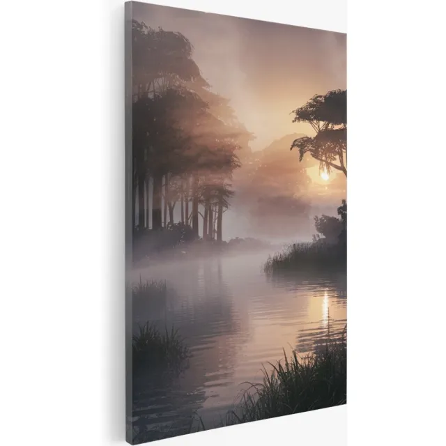Saammp Canvas Schilderij - Water - mistig Landschap - Natuur - 30x45 - Foto op canvas - Wanddecoratie - Muurdecoratie Woonkamer - Slaapkamer decoratie - Canvas Print Multicolor