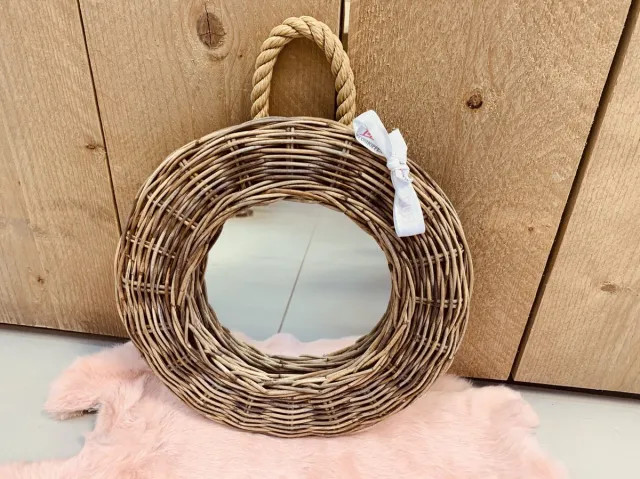 Rieten Spiegel Rond - Ø28 cm - Srimit Grey Riet - Wandspiegel met Touw - Landelijke Stijl - Decoshoppen.nl