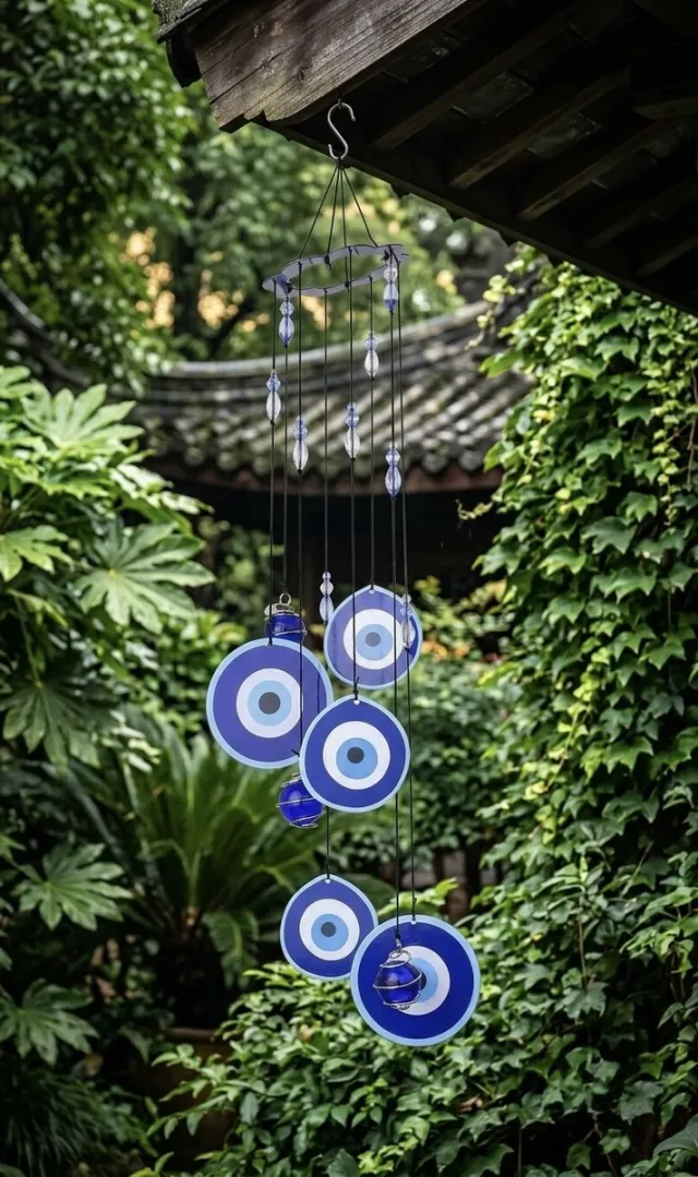 Nature's Melody Windgong - Nazar Oog - 43 cm - Tuindecoratie & Muurhanger - Beschermend Symbool blauw & wit