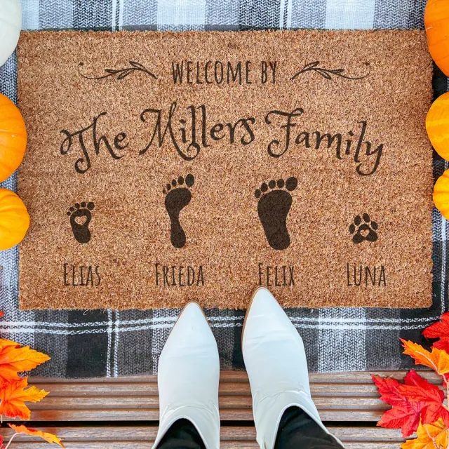 Laser Point Personalized Welcome | 90x60 cm | Nieuwe huis cadeau | Ingangsmat | Deurmat met stijl | Verhuizing cadeau | Praktisch & trendy | Perfect voor binnenkomst | Cadeau voor nieuwe woning Bruin | Zwart (Gravering 90x60)