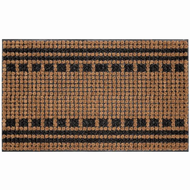 Hamat Boutique Stripes and Squares 45 x 75 cm - Kokosmat - Deurmat Binnen en Buiten - Kokos Deurmat - Rubberen Onderzijde Naturel/Zwart