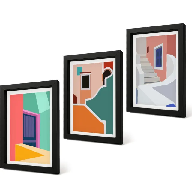 Coloray 4-Delige Schilderij Set - Kleurrijke illustraties van gebouwen in een moderne stijl. - 20 x 30 cm - Stijlvolle Wanddecoratie - Interieur - Decoratieve Schilderijen Zwarte lijst