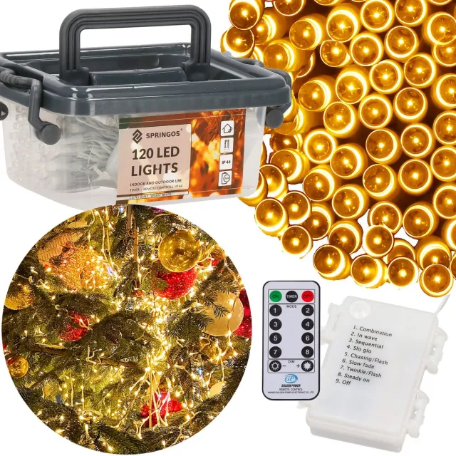 springos Kerstverlichting - Batterij - Afstandsbediening - 9 M - 120 LED - Warm Wit