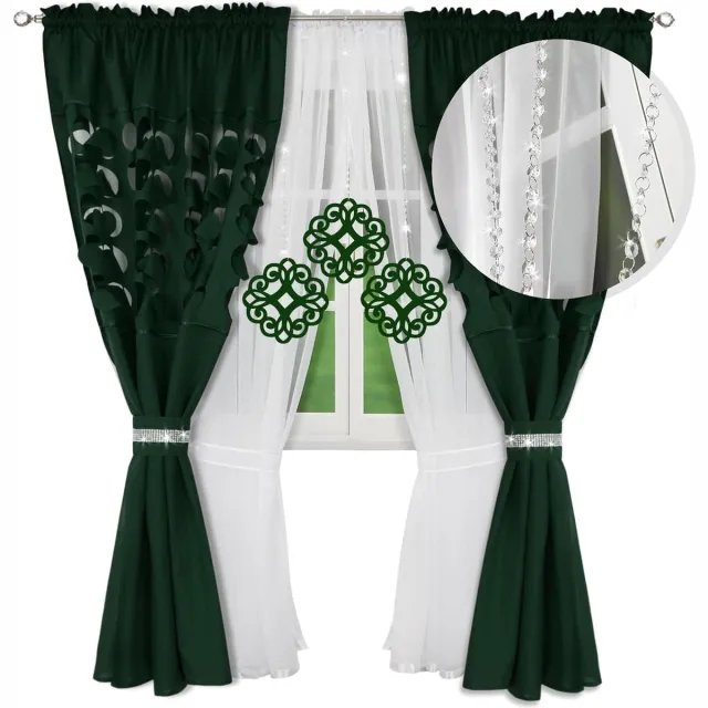 Flying Curtains Gordijnen unieke gordijnset | decoratieve gordijnset voor woonkamer slaapkamer | raamgordijnen set met gordijnen | vitrage mond-decoratie 250 cm bosgroen zwart
