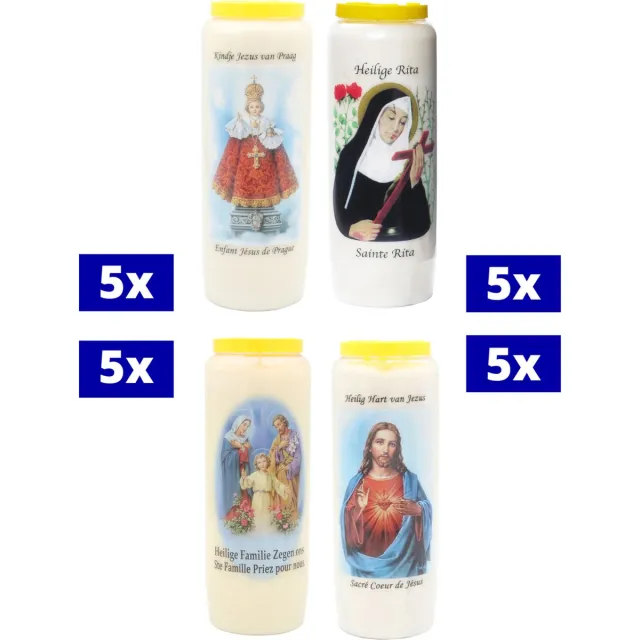 Bouckaert Kaarsen Assortiment noveenkaarsen - 20 9-dagenbranders - 5x Heilige Rita - 5x Heilige Familie - 5x Kindje Jezus - 5x Heilig hart Jezus Wit