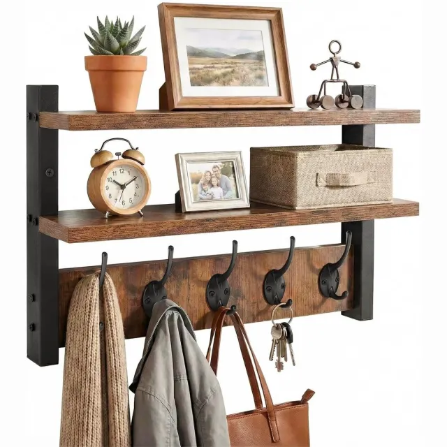 Famanu Wandkapstok met 2 houten planken, multifunctionele kapstok voor het organiseren van jassen en accessoires, stijlvol en praktisch Naturel