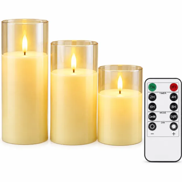 SWGOTA led kaarsen, set van 3, goudkleurig met warme vlamvormige verlichting, afstandsbediening en 1 knoopcel voor de afstandsbediening