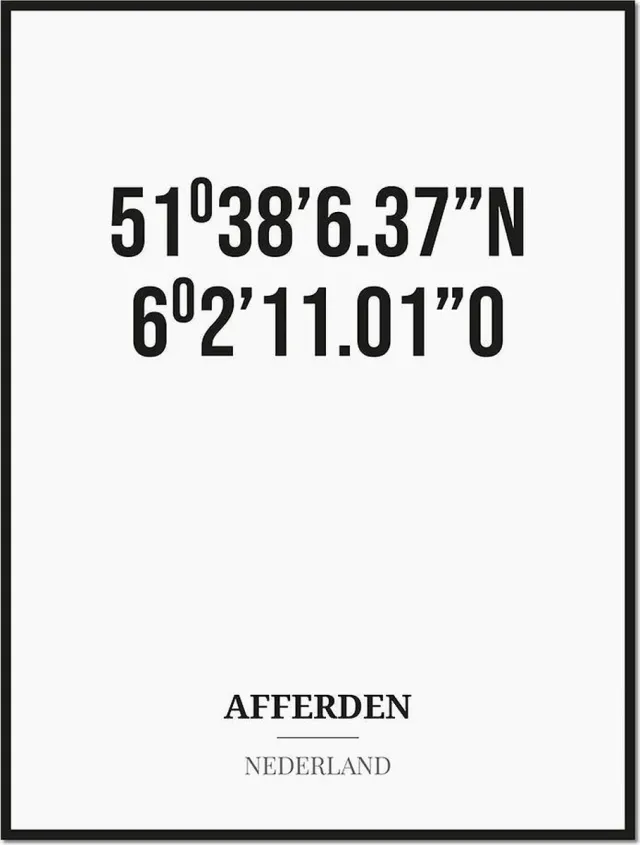 Studio216 Poster/kaart AFFERDEN met coördinaten zwart, wit