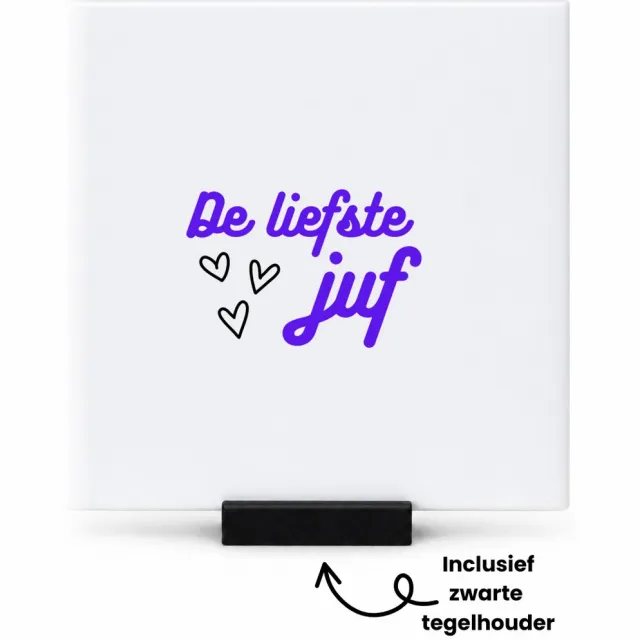 Hacebo de liefste juf tegeltje met tegelhouder - Juf - voor de liefste juf - tegeltjes met tekst - juf - verjaardagscadeau - verjaardag - cadeau - afscheidscadeau - geschenk - leuke cadeau - kado - gift - juffendag - spreuktegels - 10.8x10.8 CM Wit