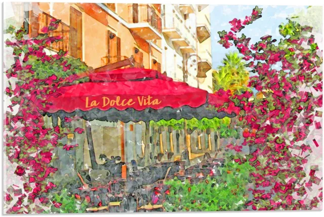 KuijsFotoprint Acrylglas - Geschilderd Terras met Roze Parasol - 60x40cm Foto op Acrylglas (Met Ophangsysteem) Blauw