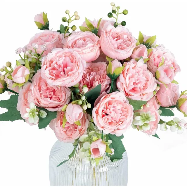 Dirrelo Kunstpioenen Nepbloemen voor decoratie Kunstrozen Boeket Real Touch Zijden Bloemen Nepbloemen voor Vaas Bruiloft Woondecoratie (Lichtroze)