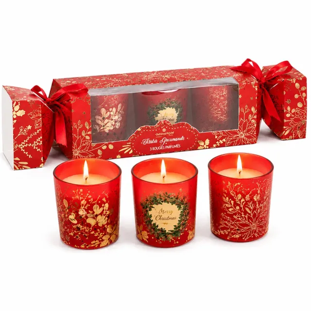 WDMT Set van 3 Kerst Geurkaarsen – Geurkaarsen in Rood Bedrukt Glas – Luxe Kerstcadeau – Kerstdecoratie – Sfeervolle Geurkaarsen voor Woonkamer – Cadeauset – Rood