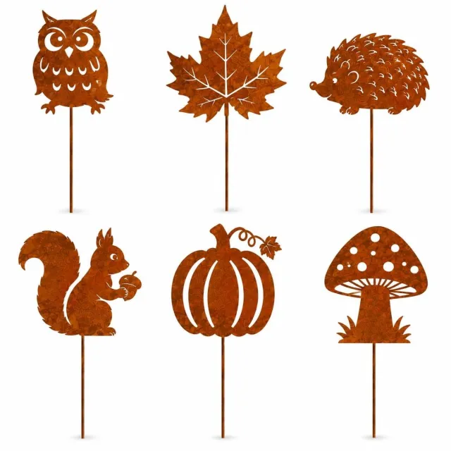Famanu 6 stuks tuinstekers, roest, herfstdecoratie, metaal, herfstdecoratie