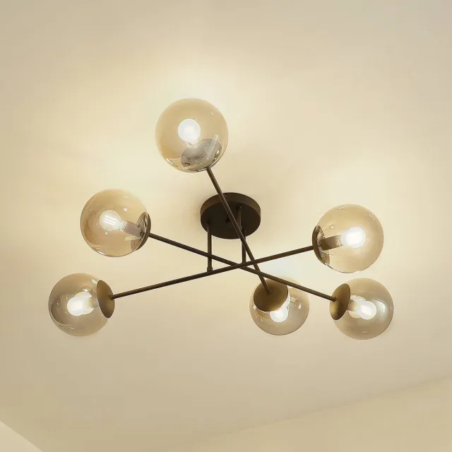Lindby plafondlamp - 6lichts - Ijzer, glas - H: 28 cm - E14 - zwart, rookgrijs