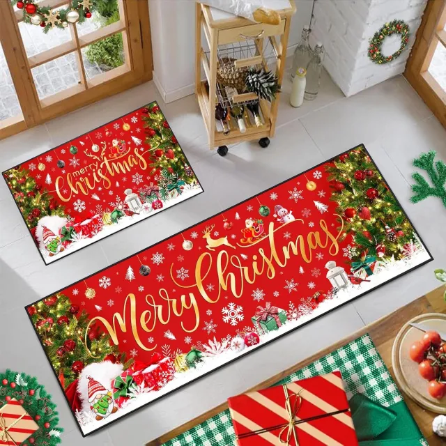YAGXIG Kersttapijt - Kerstdeurtapijt - Merry Christmas keukentapijten en matten 2-delige set - decoratieve keukenvloermatten - wasbaar - antislip - gootsteentapijt (40*60+40*120cm) Rood