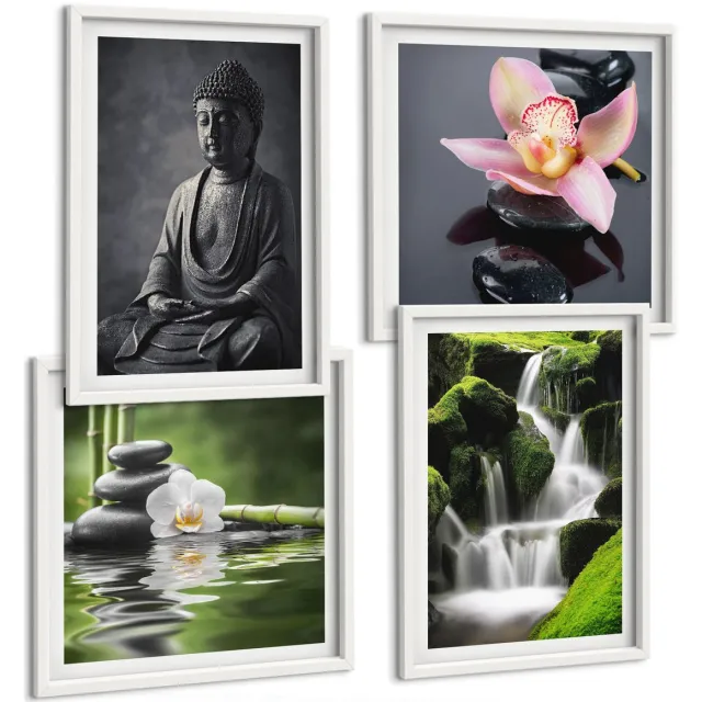 Coloray 4-Delige Schilderij Set - Rustgevende Zen-Afbeeldingen Met Water, Stenen En Boeddha - 40 x 40 En 40 x 60 - Wanddecoratie - Woonkamer Decoratie - Muurdecoratie Witte lijst