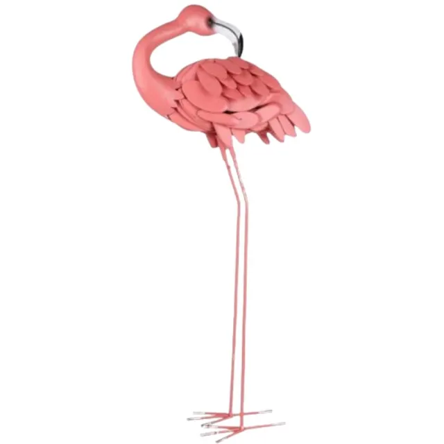 Sunnydays Flamingo Dierenbeeld - achterom kijkend - ijzer / metaal - 34 x 16 x 83 cm - tuindecoratie Roze