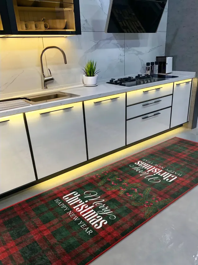 De Groen Home Vloerkleed keukenloper 80x220cm - Merry Christmas - Wasbaar Antislip - Laagpolig Zacht Tapijt - Kerst Groen