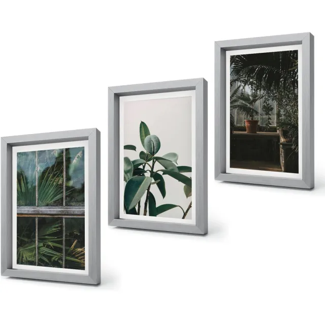 Coloray 4-Delige Schilderij Set - Groene bladeren op het raam en planten in het interieur. - 20 x 30 cm - Wanddecoratie - Muurdecoratie - Moderne Interieurdecoratie - Interieur Decoratie Zilveren lijst