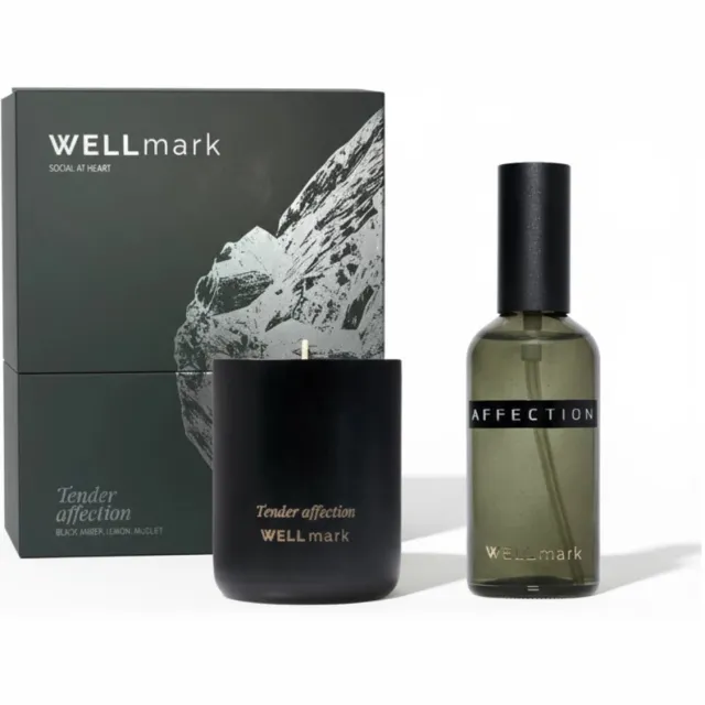 Wellmark giftbox scented duo: roomspray 100ml + kaars 210gr - tender affection midnight green Smokey black