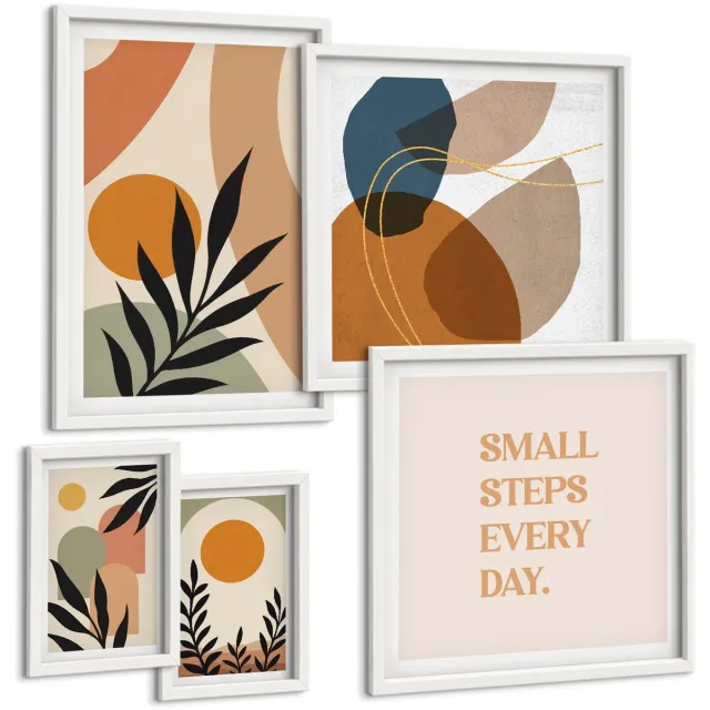 TULUP 4-Delige Schilderij Set - Stijlvolle afbeeldingen met plantmotieven en abstracte vormen. - 50 x 50 cm, 20 x 30 cm en 40 x 60 cm - Muurdecoratie - Schilderijen Set - Woonkamer - Wanddecoratie Witte lijst