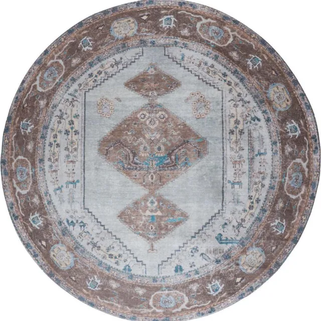 Veer Carpets Vloerkleed Karaca Blue/Brown 06 Rond ø200 cm - Laagpolig Vloerkleed – Vintage / Klassiek Design Blauw