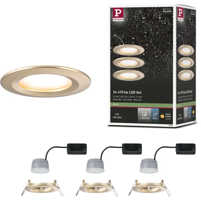 Paulmann LED-inbouwlamp 3-Step-Dim Nova Coin Basisset star IP44 rond 74 mm Coin 3x6W 3x470lm 230V dimbaar 2700K Goud mat