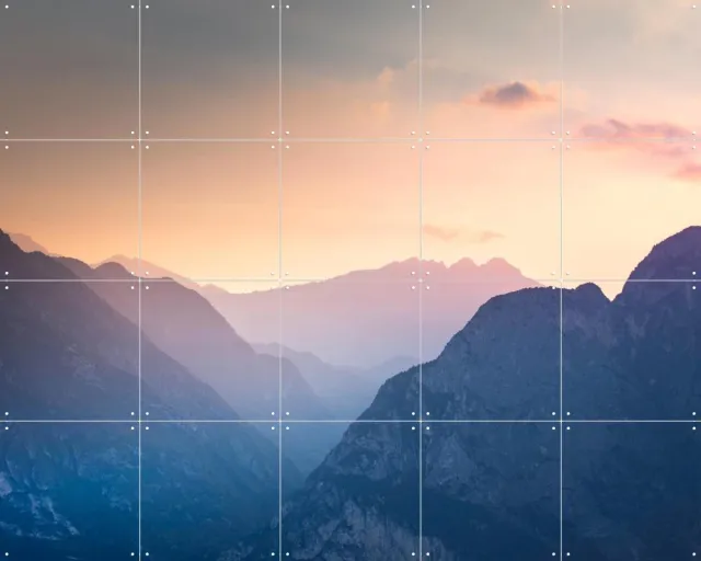 IXXI Mountain Morning, Claire Droppert - 100 x 80 cm - Grote wanddecoratie en posters - Realisme, Minimalisme, Naturalisme, Impressionisme Blauw / Grijs / Paars